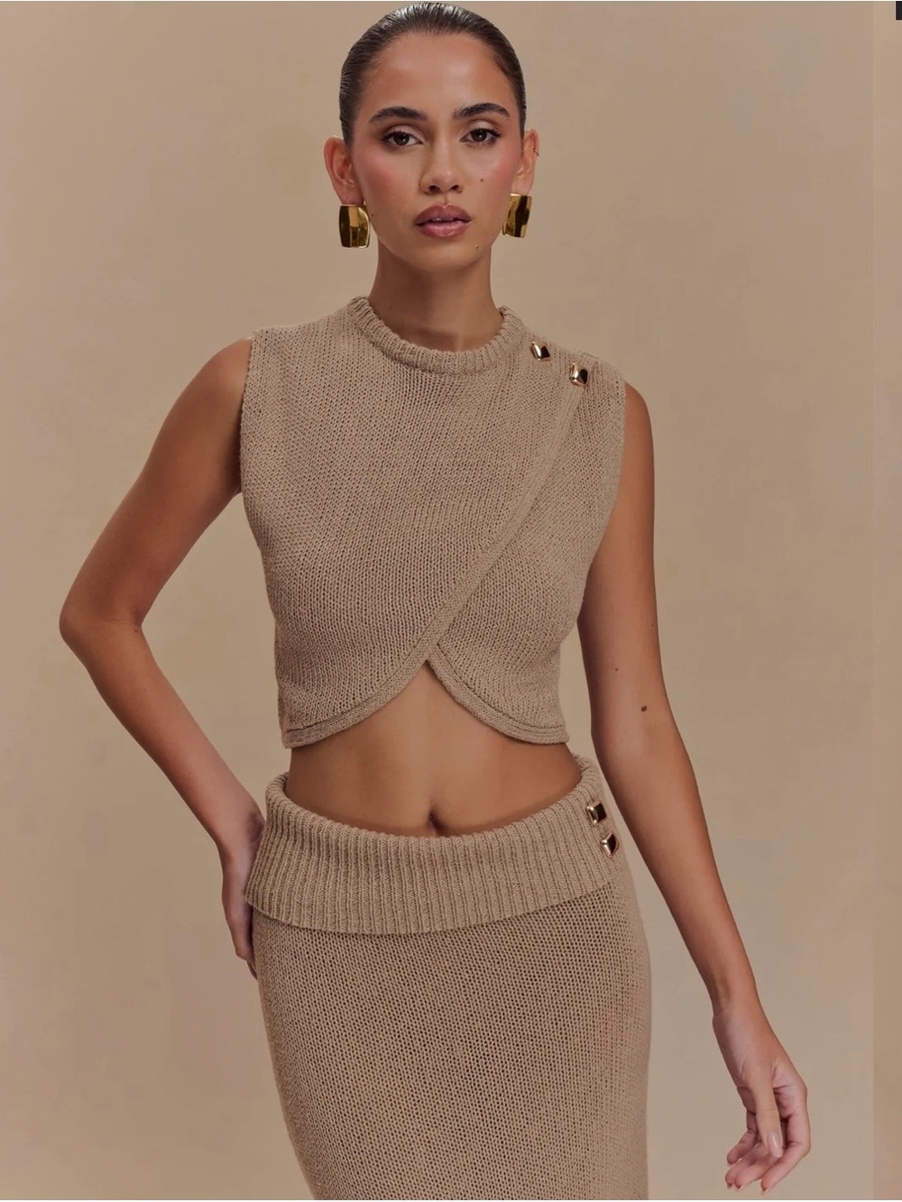 Meshki Sleeveless Cropped Knit Sweater and maxi skirt in Tan with Gold Buttons